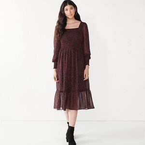 Nine West Long Sleeve Smocked Animal Print Midi Dress Women’s Size M Brown